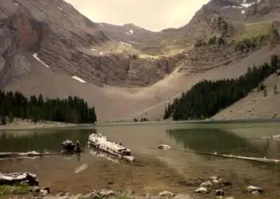 Lago alpino de Ordesa con pinos, canchales y paredes rocosas