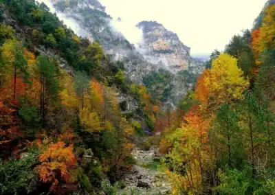 Cañón de Ordesa en otoño con bosques coloridos y paredes rocosas